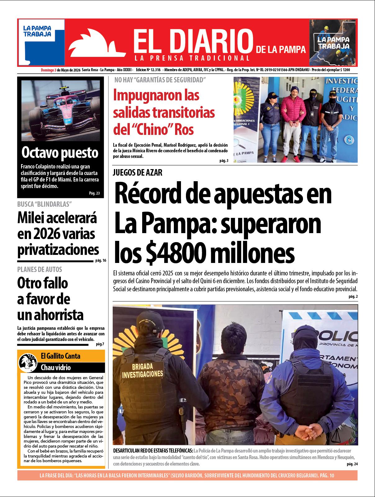 Tapa de El Diario en papel  domingo 03 de mayo de 2026